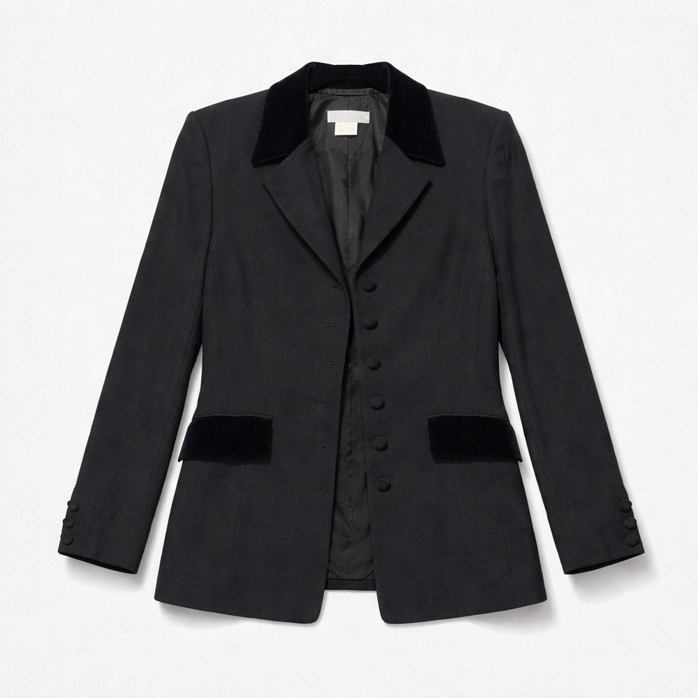 Elegant Women's Blazer — Black wool with black velvet trim and cotton lining.